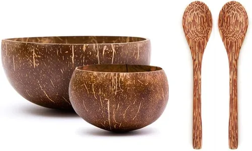 Vista 4 de Rainforest Bowls 2 cuencos de coco originales ecológicos (pequeños y jumbo) con 2 tenedores de madera de coco, 100% natural, juego de cocina