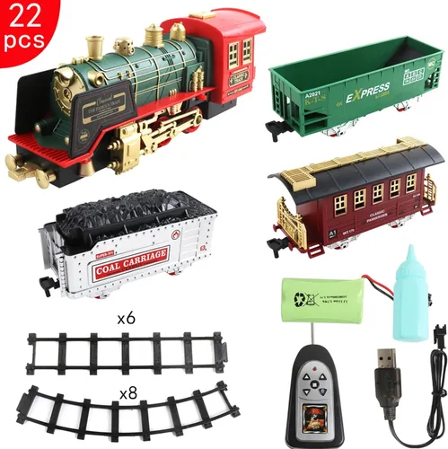 Vista 6 de Tren eléctrico de Navidad con control remoto con humo, luces, sonido, locomotora, automóviles y transporte remoto, recargable por USB, con pista