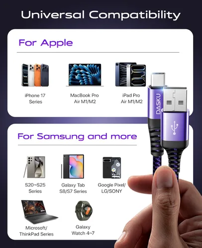 Vista 32 de Dasku iPhone 17 USB C a USB C de carga rápida, 60 W (3.1 A), paquete de 2 cables cargador de carga de 3 pies tipo C para iPhone 17/16/15/15 Plus/15
