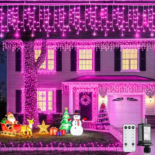 Vista 16 de JMEXSUSS 400 luces LED de Navidad de carámbano de 38.8 pies con control remoto, tira de luces multicolor para exteriores enchufables, 8 modos