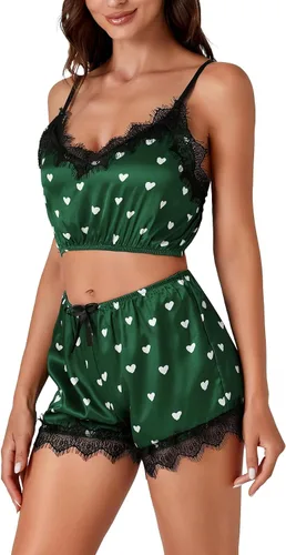 Vista 3 de LYANER Conjunto de pijama de satén con lunares para mujer, 3 piezas, lencería de encaje, ropa de dormir con bata