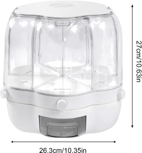 Vista 5 de Dispensador de arroz giratorio grande con 6 rejillas de almacenamiento de cereales, cubo de arroz blanco, contenedor de arroz integral con tapa