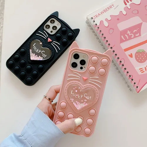 Vista 4 de Pop Case para iPhone 12/12 Pro, Funda de silicona con burbujas de gato negro afortunado de dibujos animados, brillo, estrellas, burbujas de arena