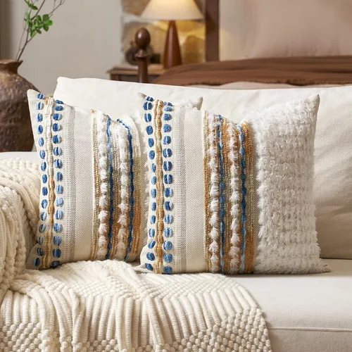 Vista 8 de Aeckself Fundas de almohada bohemias de chenilla con borlas tuftadas de 18x18 pulgadas, juego de 2, fundas decorativas rústicas a rayas cuadradas