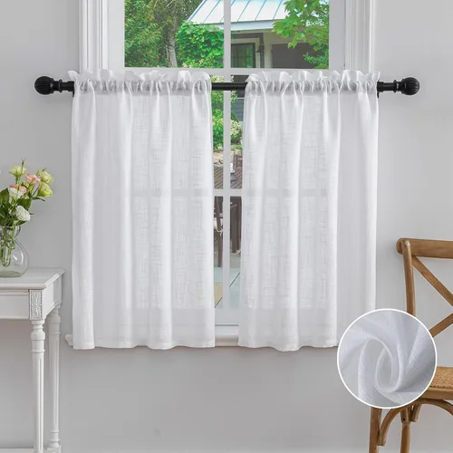 Vista 9 de Beda Home - Paneles de cortina texturizados de lino para cocina, sala de estar; paneles cortos rústicos filtrantes de luz para ventanas pequeñas