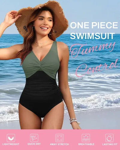 Vista 4 de Traje de baño de una pieza con control de abdomen para mujer Verde y negro