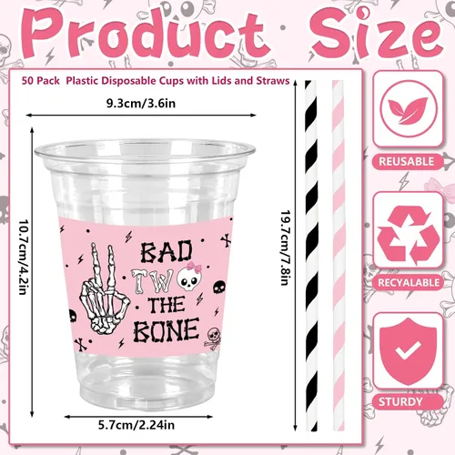 Vista 2 de JarThenaAMCS 50 Vasos de Plástico de Halloween con Tapas y Pajitas Vaso para Beber 12oz Rosa Negro Calavera Bad Two The Bone Vasos Desechables