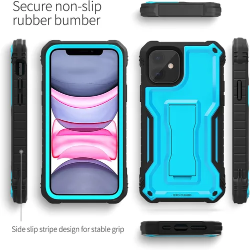 Vista 4 de ExoGuard Funda para iPhone 11, funda de goma a prueba de golpes, protector de pantalla integrado con soporte para iPhone 11 de 6.1 pulgadas (azul)