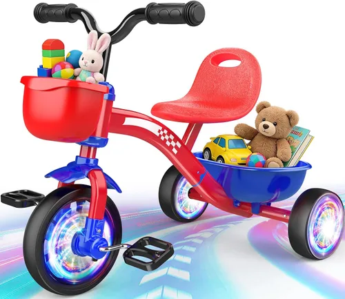Vista 8 de Triciclo para niños pequeños de 1-3, 3-5 años, bicicleta de equilibrio de unicornio para bebés con ruedas de iluminación coloridas y canasta grande