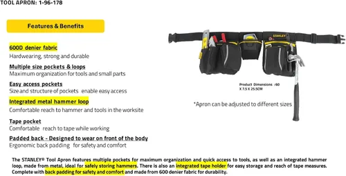 Vista 5 de STANLEY - Delantal para cinturón de herramientas esenciales, 1-96-178 Multiple pockets, Integrated Hammer Loop, Tape Pocket for Easy Reach When
