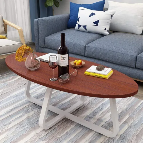 Vista 2 de Mesa de Centro - Mesa de centro moderna ovalada de madera de fibropanel de densidad media, mesa de té pequeña con patas de metal, mesa auxiliar