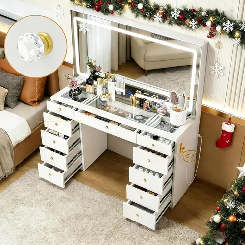 Vista 7 de Escritorio de tocador de cristal con espejo y luces, 11 cajones de maquillaje con taburete, 3 modos de iluminación con toma de corriente, asas