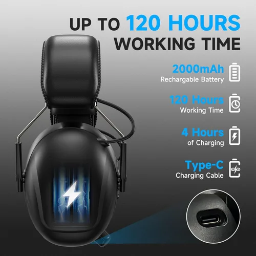 Vista 3 de Auriculares de protección auditiva con radio Bluetooth 5.4 AM/FM 2025 con pantalla digital retroiluminada/micrófono, tiempo de trabajo de 120 horas