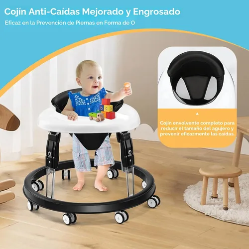 Vista 4 de Andador de bebé con ruedas, andador plegable de un solo toque con ajuste de altura, plato grande y freno, andador para bebés niños y niñas de 6 a 18