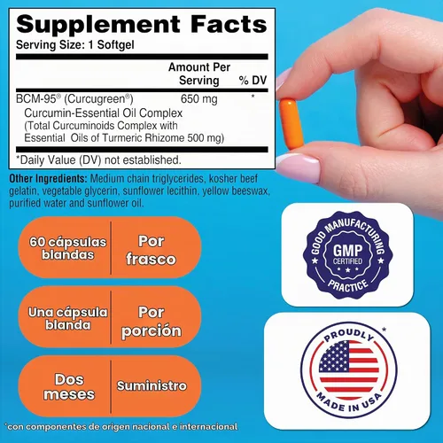 Vista 2 de Health Thru Nutrition Curcu-Gel 650mg BCM-95 Curcugreen Curcugreen Curcumin 60 Count High Absorption Turmeric Extract Supplement Healthy