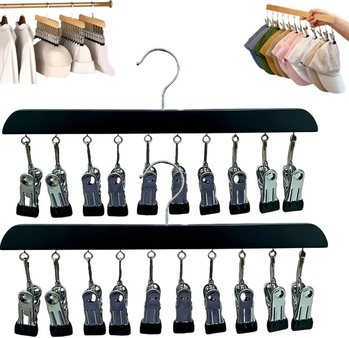 Vista 7 de Organizador de armario con 10 clips, organizador colgante de armario ajustable de madera para armario, colgador de pantalones de acero inoxidable