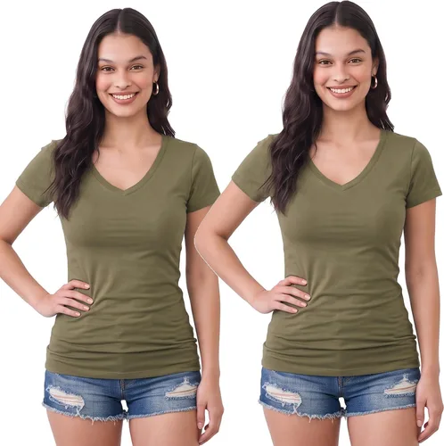 Vista 114 de Emmalise Camiseta de manga corta para mujer, cuello en V, tallas junior y plus