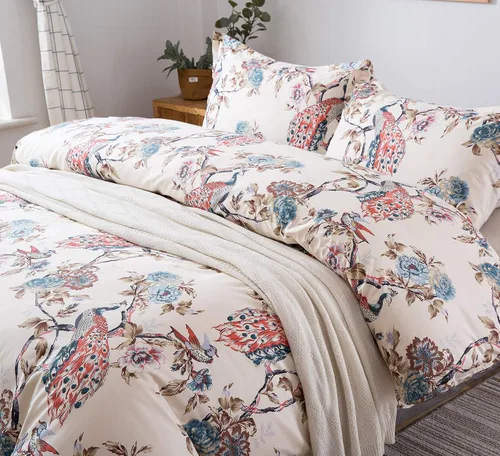 Vista 3 de Eikei - Funda de edredón floral con pavo real majestuoso de jardín oriental Estilo asiático elegante Chinoiserie Árboles en flor, vides y ramas