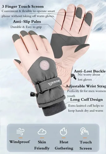 Vista 2 de JJZS Guantes de nieve de esquí de invierno para hombres, mujeres, jóvenes Guantes de calentamiento de manos impermeables para pantalla táctil