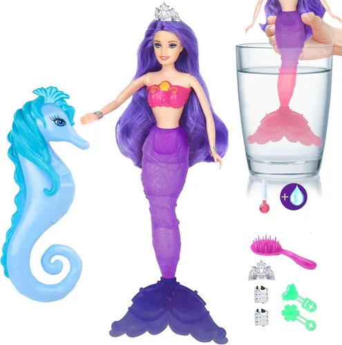 Vista 6 de BETTINA Muñeca mágica de sirena que cambia de color, juguete de princesa sirena con caballito de mar y accesorios para muñecas, cabello rosa