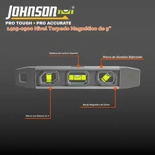 Vista 2 de Johnson Level & Tool 1405-0900 - Nivel de torpedo magnético de aluminio, 9 pulgadas, gris, 1 nivel