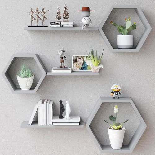Vista 14 de Estantes flotantes hexagonales de madera para montar en la pared, juego de 6 estantes hexagonales de madera de pino para fotos, plantas, estantes
