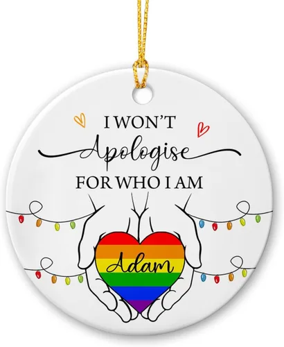 Vista 10 de All for Love - Adorno de cerámica LGBT arcoíris para Navidad 2025, adorno de Navidad personalizado para parejas, orgullo gay/lesbiano, adorno