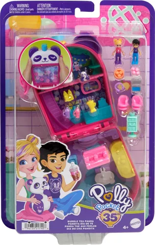 Vista 6 de Conjunto de juego de Polly Pocket con 2 muñecas micro y accesorios de comida, juguete compacto de animal Panda de té de burbujas