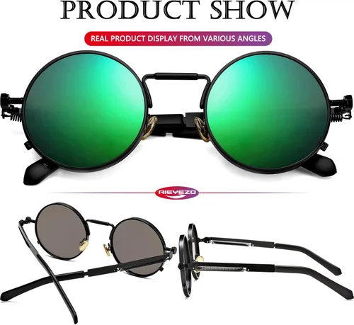 Vista 5 de AIEYEZO Gafas de sol redondas Steampunk Circle Lennon Gafas de sol góticas marco de metal 100% lente de bloqueo UV