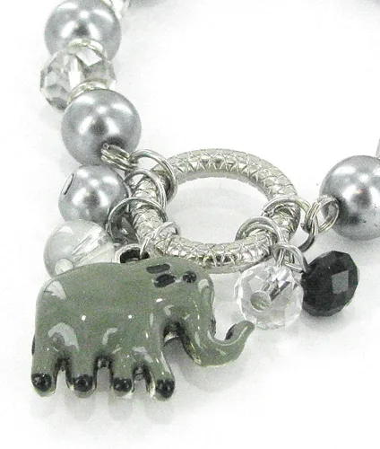 Vista 4 de Linpeng BR-2476B Fiona Pulsera elástica con cuentas de cristal y perlas con colgantes, gris claroblanco