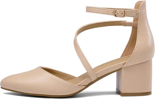 Vista 2 de DREAM PAIRS Zapatos de tacón bajo y grueso para mujer, con correa al tobillo, zapatos elegantes para bodas y negocios