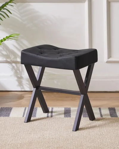 Vista 2 de IBUYKE Taburete de tocador de PU en forma de U, silla cuadrada de maquillaje con patas en X, taburete reposapiés otomano, multiusos como mesa Negro