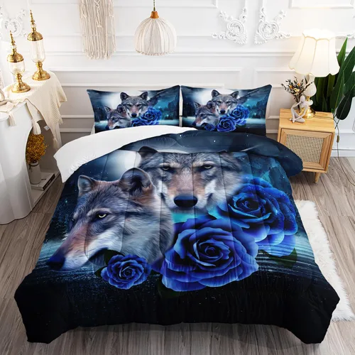 Vista 29 de AILONEN Juego de edredón con cabeza de lobo impresa tamaño individual, juego de ropa de cama de lobo para la noche para niños y hombres, juego