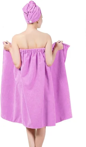 Vista 3 de FakeFace Juego de bata de baño de microfibra absorbente para mujer, bata de baño de rizo con gorro de secado para el pelo, gorro turbante