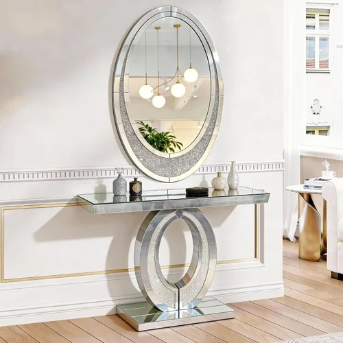Vista 33 de Mesa Consola Negra con Espejo, Mesa de Sofá de Cristal Rectangular de 48 pulgadas con Elementos Tallados Vintage con Espejo, Muebles de Espejo