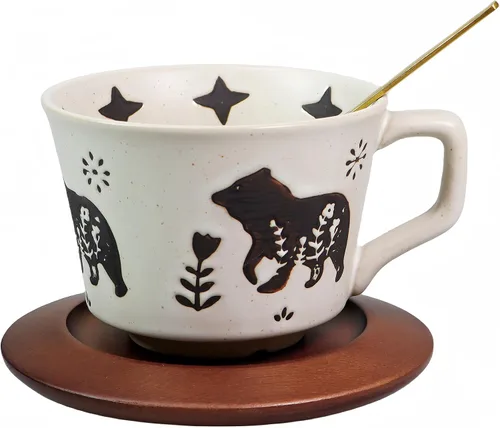 Vista 9 de Taza de café de cerámica vintage Taza de té de café de cerámica gruesa con platillo y cuchara de madera, taza de té y platillo de 12 onzas