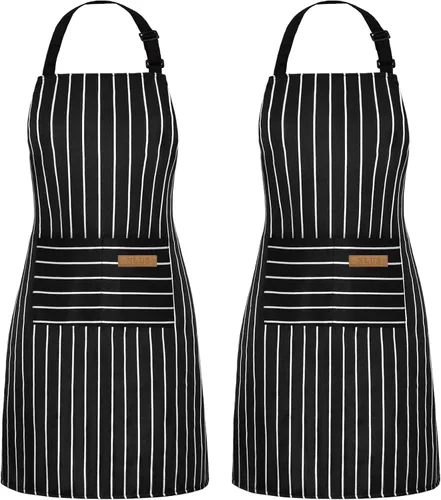 Vista 13 de NLUS Paquete de 2 delantales de cocina ajustables con babero, delantal de chef suave con 2 bolsillos para hombres y mujeres (rayas negras)