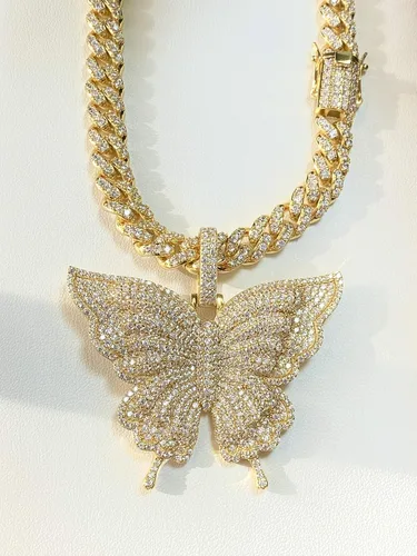 Vista 3 de Gargantilla de cadena de eslabones cubanos Miami con acabado de oro de 14 quilates para mujer, collar de raperos de mariposa helada, juego de puntas