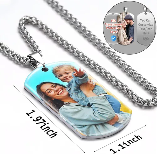 Vista 3 de Collar con Foto Personalizada, Collar Personalizado para Hombres, Collar Grabado Personalizado con Foto y Texto, Regalos Conmemorativos