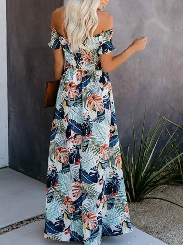 Vista 2 de Vestido largo de verano para mujer, cuello en V, floral, bohemio, hombros descubiertos, manga con volantes, dividido, vestido largo de playa, boda