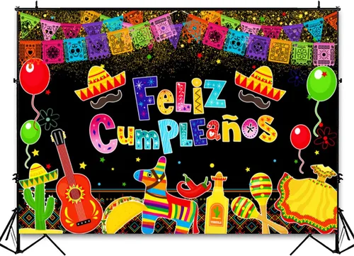 Vista 3 de Telón de fondo de fiesta mexicana para fiesta de cumpleaños, decoración colorida de Cinco de Mayo, Taco, carnaval, fotografía, fondo de fiesta