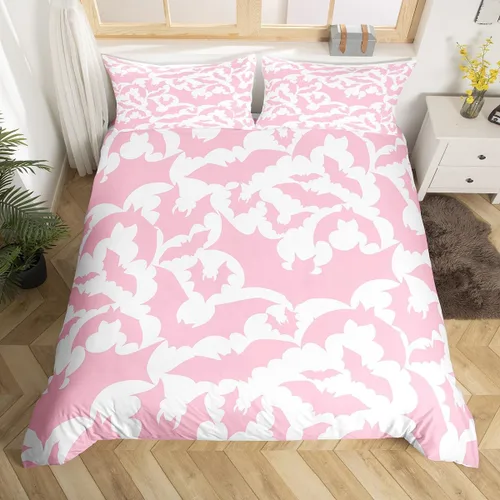 Vista 2 de Juego de funda de edredón con temática de Halloween, tamaño individual, estampado de animales salvajes de murciélagos rosados para niños y niñas