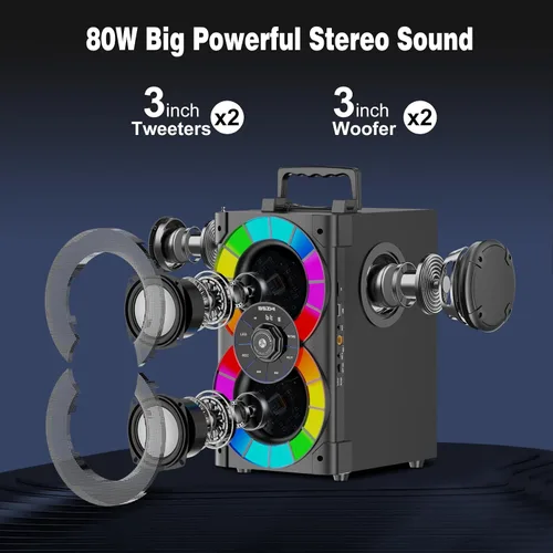 Vista 2 de Altavoces Bluetooth de 80 W, gran potente, inalámbrico, TWS, altavoz portátil para fiestas en casa al aire libre con luces LED, subwoofer, radio FM