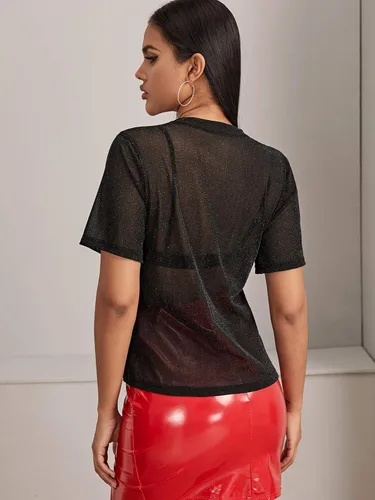 Vista 2 de MakeMeChic Blusa de verano de manga corta para mujer con malla transparente y sexy