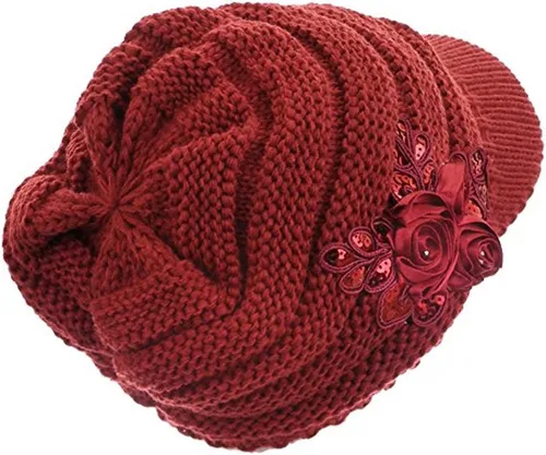 Vista 13 de C-US - Gorro de punto cálido para mujer, con visera de ganchillo con acento de flores