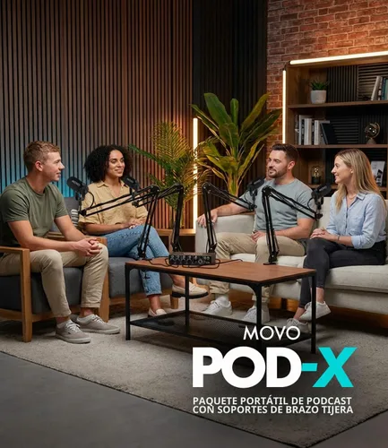 Vista 2 de Movo Paquete de equipos de podcast para 4 personas - Interfaz de audio USB de 4 canales, 4 micrófonos dinámicos CastMic, 4 brazos Boom - Kit
