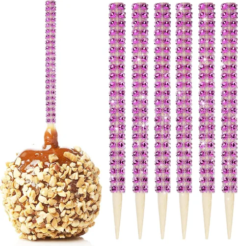 Vista 16 de 32 PIEZAS de Palitos de Manzana de Caramelo Brillantes de Bambú, Brochetas de Punta de Madera con Envoltura de Malla de Diamantes y Pedrería Negro