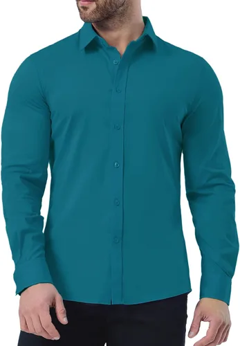 Vista 3 de ZAFUL Camisas de vestir elásticas y ajustadas para hombre, de manga larga, con botones, casual, de algodón