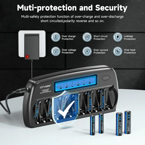 Vista 5 de CITYORK - Baterías AA recargables con cargador, paquete de 12 baterías de 3000 mAh doble A Ni-MH de baja autodescarga con cargador LCD de 12 bahías