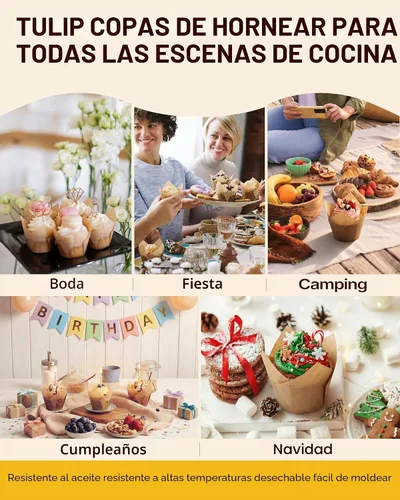 Vista 9 de Forros para magdalenas de tulipán Katbite 200 unidades, tazas para hornear magdalenas ProSmooth color marrón